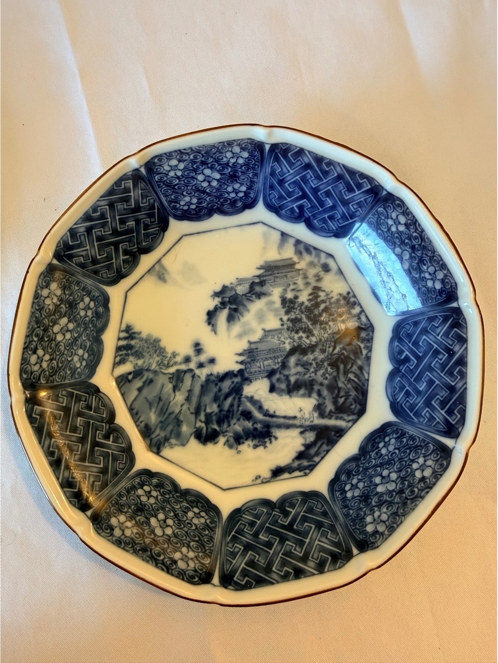 Vintage Japanese Arita Style Blue White Porcelain Landscape Plate 7” Seal Mark